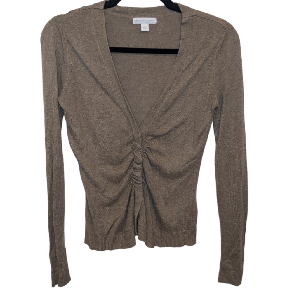 New York & Company Brown Ruched Front Long Sleeve Cardigan